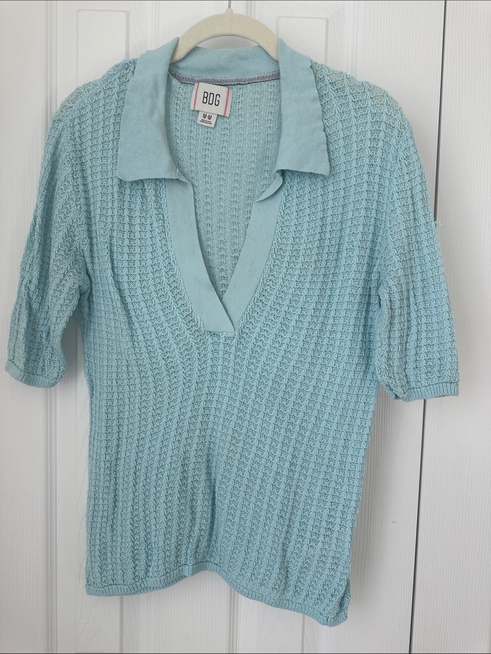 BDG Aqua Knit V-Neck Polo Sweater
